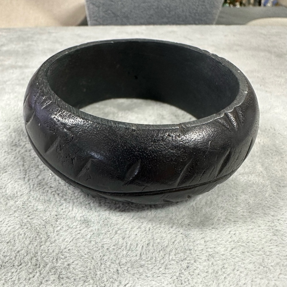Vintage Black Carved Wood Bangle Bracelet